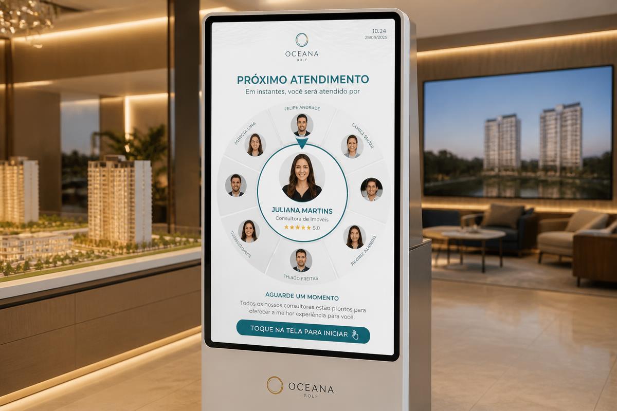 Roleta de corretores no totem mostrando o próximo atendimento com fotos dos consultores